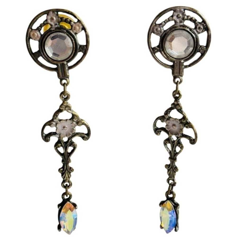 Banana Bob Earrings VTG Pierced Rare Crystal Statement Enamel Floral Dangle Long